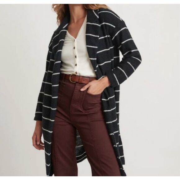 $148 MARINE LAYER Women's L Birdseye Coat Open Front Cardigan Black White Stripe - Picture 2 of 6